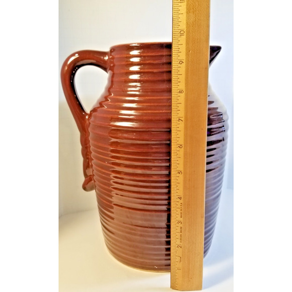 Brown Stoneware Pottery Pitcher vase Planter Ring/Rib Design 10" Vietnam - Picture 4 of 5